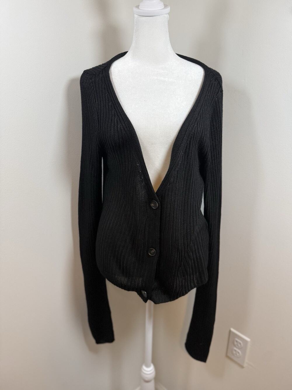 Free People Black Size XL Cardigan V Neck Boho Lagenlook Classic Ribbed